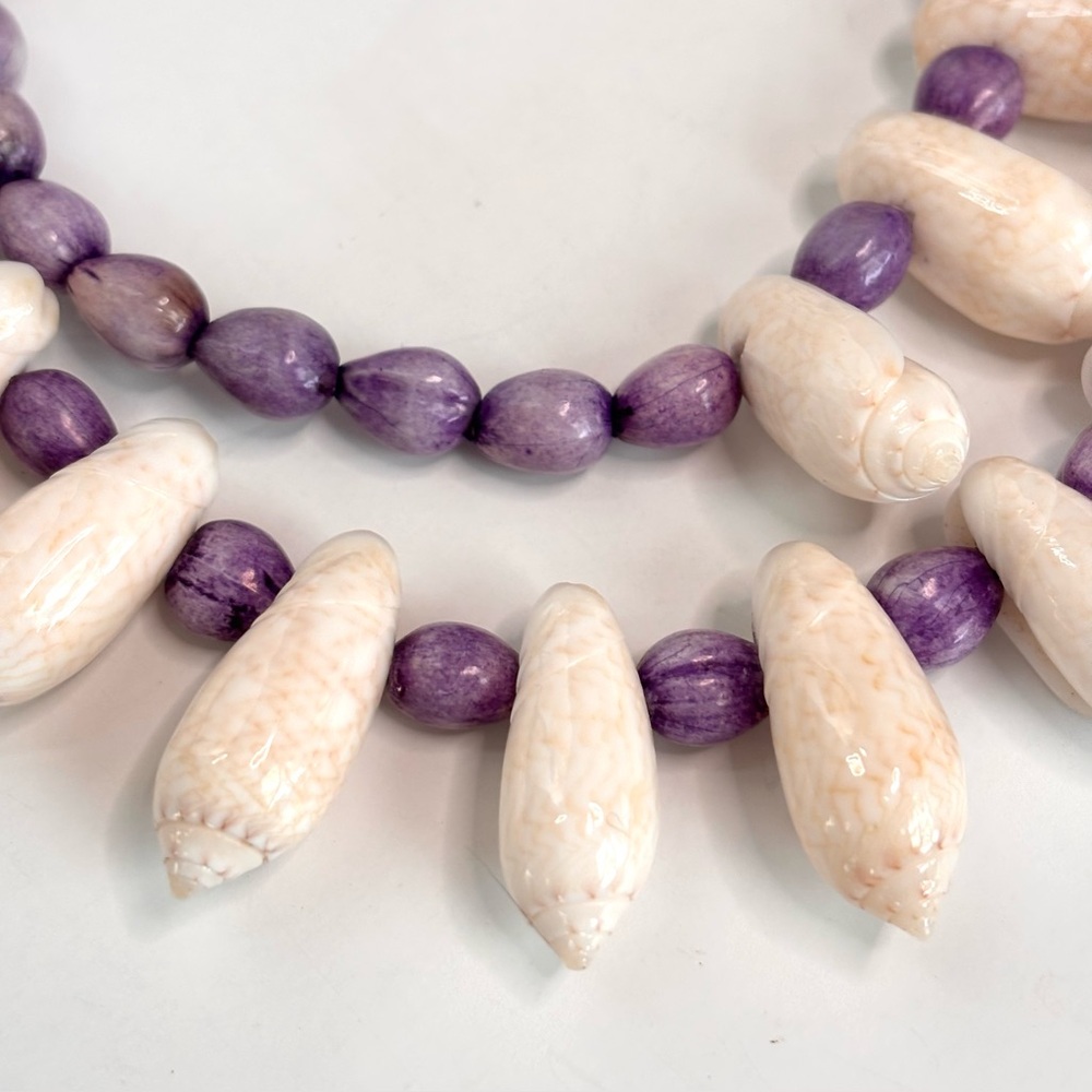 Ocean Seashell Boho Vintage Surfer Choker Necklace Cream Puka & Purple Beads 19”